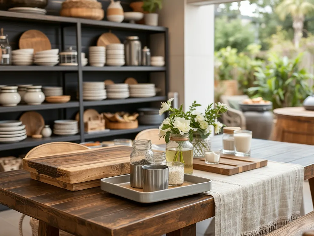 Outdoor table with lanterns and warm lighting at dusk